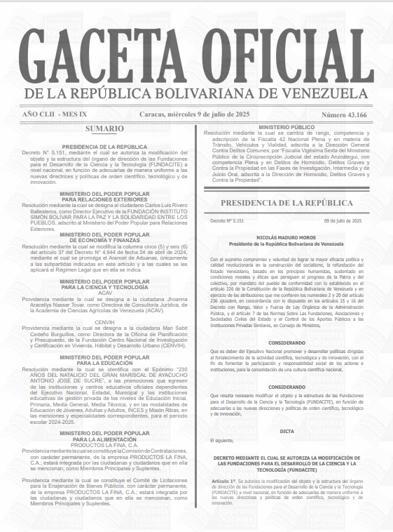 Gaceta N° 43.166 de fecha 09/07/2025 MINISTERIO DEL PODER POPULAR   DE ECONOMÍA Y FINANZAS.