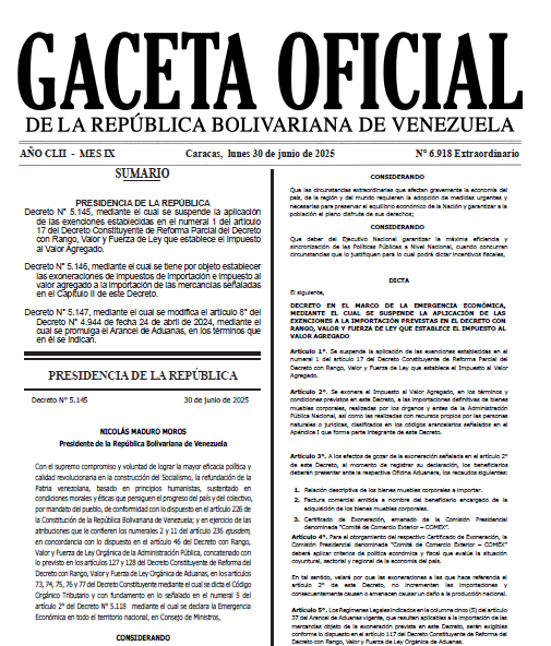 Gaceta N° 6.918 de fecha 30/06/2025 Decretos N° 5.145 / 5.146 y 5.147